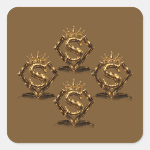 Sticker Carré Monogramme Diamant Couronne Lettre Dorée Luxueuse