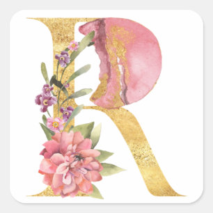 Sticker Carré MONOGRAMME D'OR lettre R avec fleur