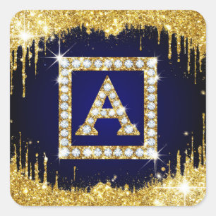 Sticker Carré Monogramme doré initial A avec paillettes bleues
