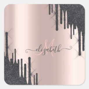 Sticker Carré Monogramme doré rose avec gouttes de paillettes no