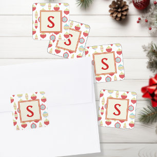 Sticker Carré Monogramme d'ornement de Noël rétro rouge