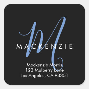 Sticker Carré Monogramme élégant moderne noir bleu écriture