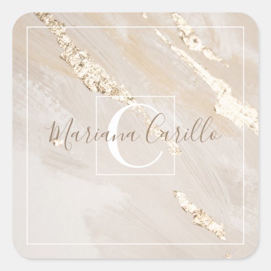Sticker Carré Monogramme en marbre d'or personnalisé (Devant)