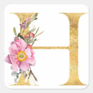 Sticker Carré Monogramme en or lettre H avec fleurs