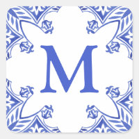 Monogramme en tuiles florales bleues et blanches