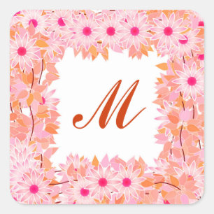 Sticker Carré Monogramme encadré de fleurs - rose et pêche