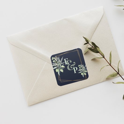 Sticker Carré Monogramme Eucalyptus Feuille Mariage vert mignon