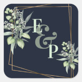 Sticker Carré Monogramme Eucalyptus Feuille Mariage vert mignon (Devant)