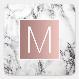 Sticker Carré monogramme faux rose or et blanc sur marbre