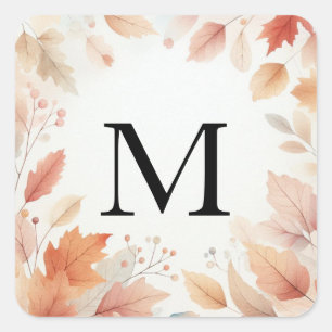 Sticker Carré Monogramme feuilles d'automne aquarelle couleur pa