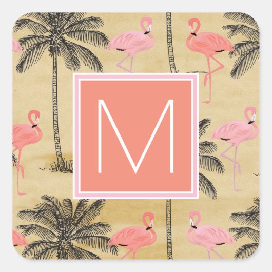 Sticker Carré Monogramme | Flamants roses roses tropicaux (Devant)