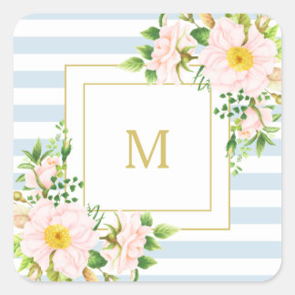 Sticker Carré Monogramme Floral Chic Pastel Bleu Stripes