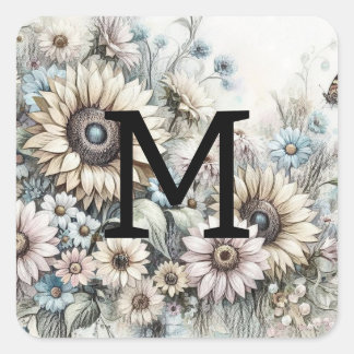 Sticker Carré Monogramme floral dessin tournesol rose jaune