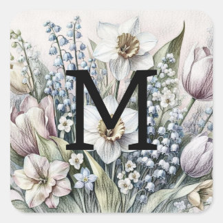 Sticker Carré Monogramme floral dessin tulipes roses jonquilles