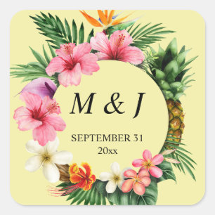 Sticker Carré Monogramme floral hawaïen tropical - Jaune