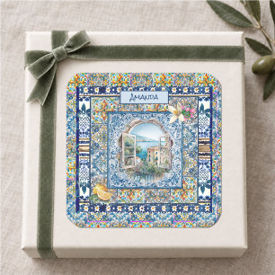 Sticker Carré monogramme floral italien été carreaux bleus agrum