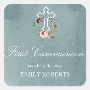 Sticker Carré monogramme floral marsala brune première communion