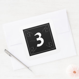 Sticker Carré Monogramme Frame and Flourish Numéro 3 sur fond bl