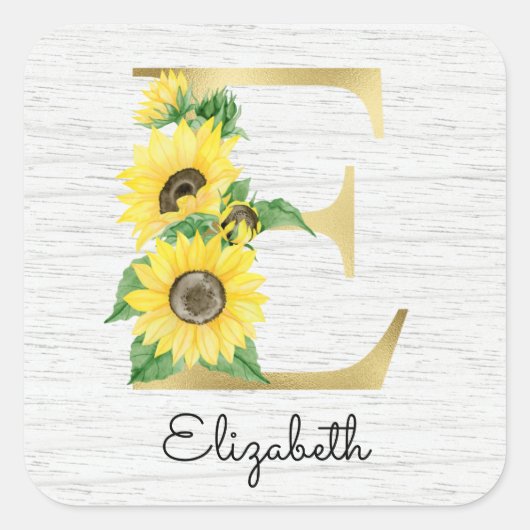 Sticker Carré Monogramme Gold Sunflower Girl Floral Initial E (Devant)