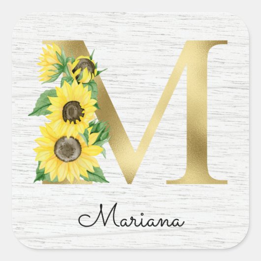 Sticker Carré Monogramme Gold Sunflower Girl Floral Initial M (Devant)