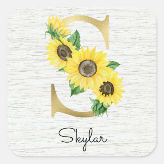 Sticker Carré Monogramme Gold Sunflower Girl Floral Initial S (Devant)