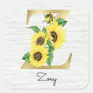 Sticker Carré Monogramme Gold Sunflower Girl Floral Initial Z
