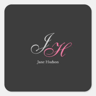 Sticker Carré Monogramme gris noir Nom Lettres initiales Script