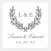 Sticker Carré Monogramme Initial de Mariage Classique Laurier (Devant)