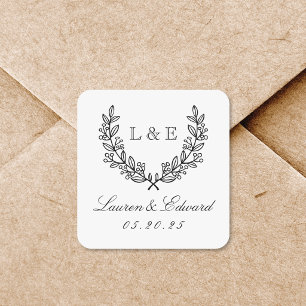 Sticker Carré Monogramme Initial de Mariage Classique Laurier