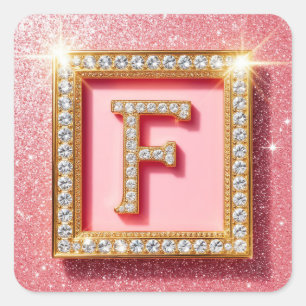 Sticker Carré Monogramme initial F diamant pailleté rose cadre o