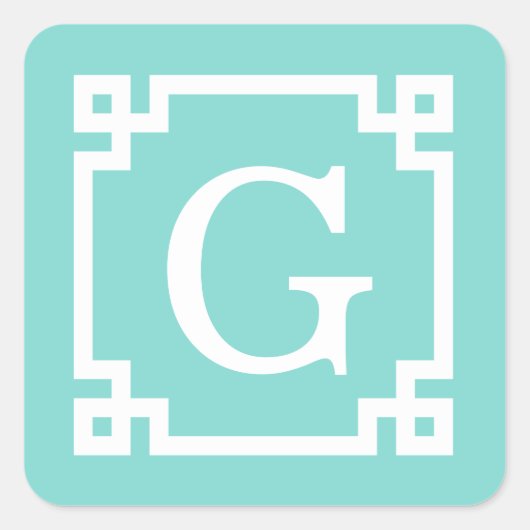 Sticker Carré Monogramme initial Turquoise Wht Cadre clé grecque (Devant)
