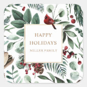 Sticker Carré Monogramme Joyeuses Fêtes Cardinal Verdure d'Hiver (Devant)
