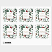 Sticker Carré Monogramme Joyeuses Fêtes Cardinal Verdure d'Hiver (Feuille)