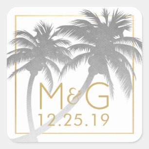Sticker Carré Monogramme Mariage Argent Faux Foil Palm Tree
