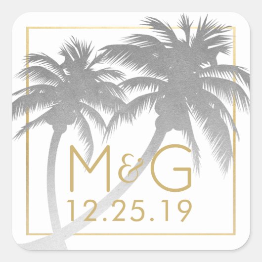 Sticker Carré Monogramme Mariage Argent Faux Foil Palm Tree (Devant)