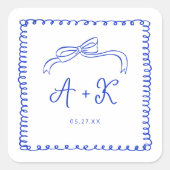Sticker Carré Monogramme Mariage bleu français tiré à la main (Devant)