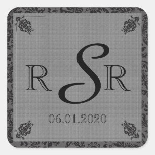 Sticker Carré Monogramme Mariage damassé noir et gris