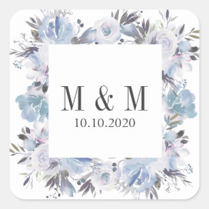 Sticker Carré Monogramme Mariage de cadre Botanique Bleu Rêve