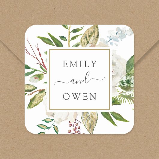 Sticker Carré Monogramme Mariage de fleurs dorées Floral