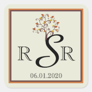 Sticker Carré Monogramme Mariage de l'arbre d'automne lunaire