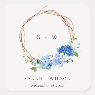 Sticker Carré Monogramme Mariage en bois floral bleu vif