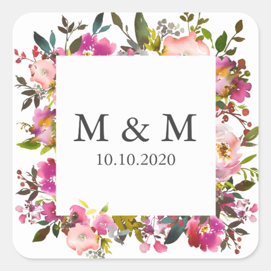 Sticker Carré Monogramme Mariage floral brillant à la fleur (Devant)