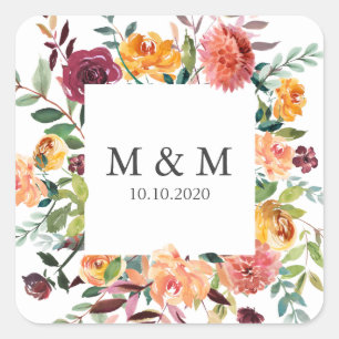 Sticker Carré Monogramme Mariage Floral Chic