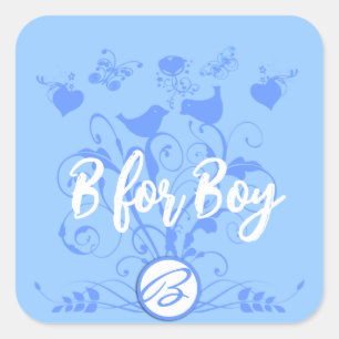 Sticker Carré Monogramme Mariage Oiseaux Cœurs Spirales Bleu Pou