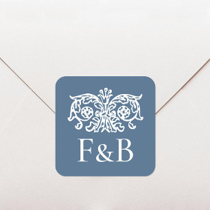 Sticker Carré Monogramme Mariage Orné Floral Bleu