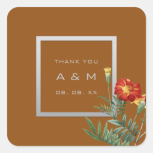 Sticker Carré Monogramme Merci Cadre gris Argent Floral Brown