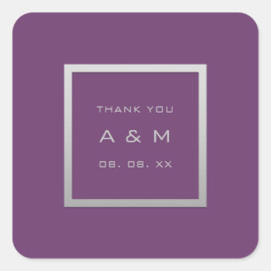 Sticker Carré Monogramme Merci cadre gris Argent Mariage pourpre