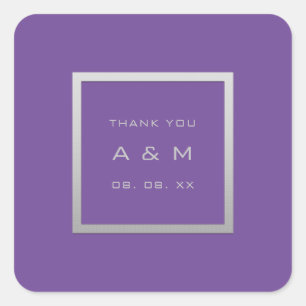 Sticker Carré Monogramme Merci cadre gris Argent Mariage pourpre