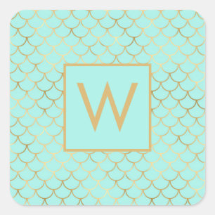 Sticker Carré Monogramme Mint et écailles de sirène dorées
