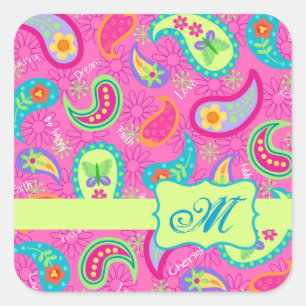 Sticker Carré Monogramme Motif Paisley moderne Fuchsia Hot Pin